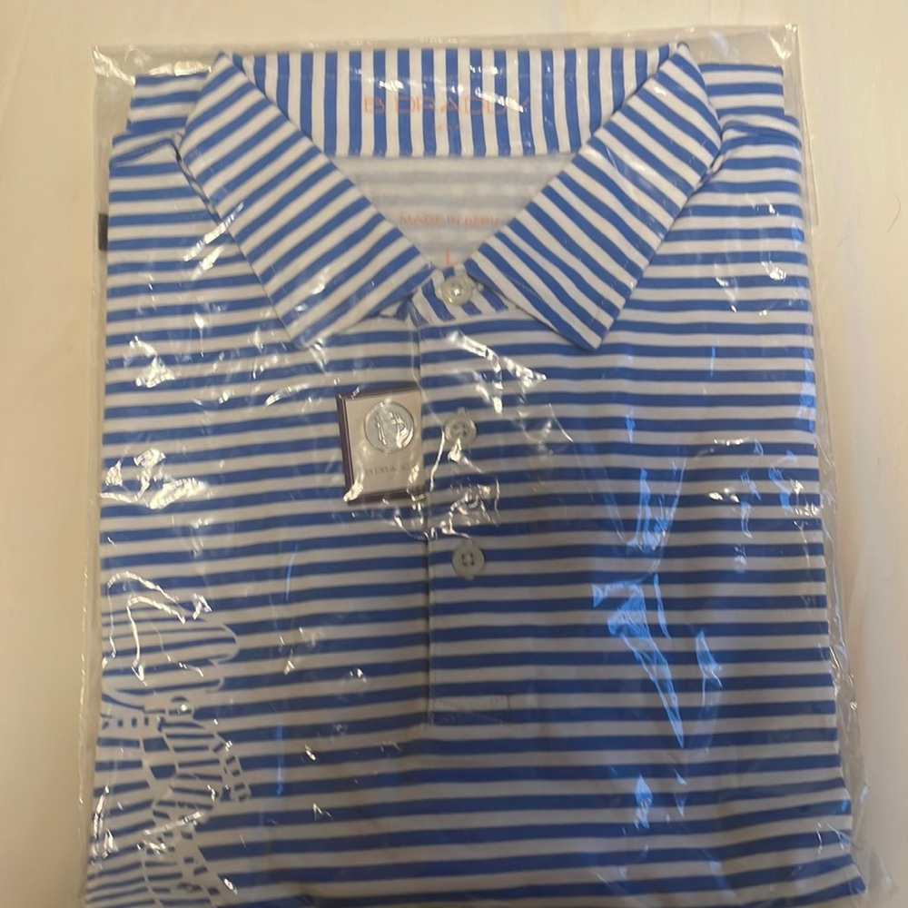B Draddy NWT Trevor Polo with Sufer detail blue/white Stripe size L